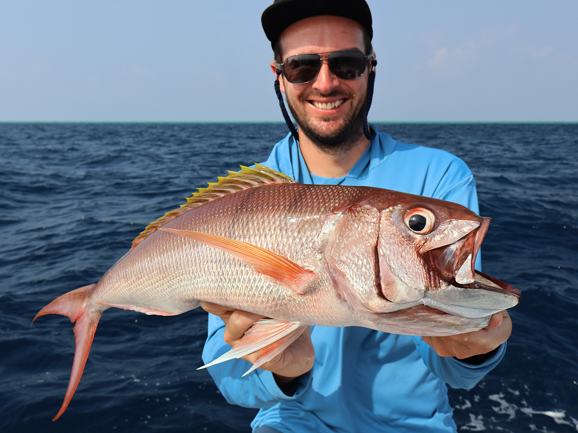 Rusty jobfish (Aphareus rutilans) beim deep jigging, Malediven